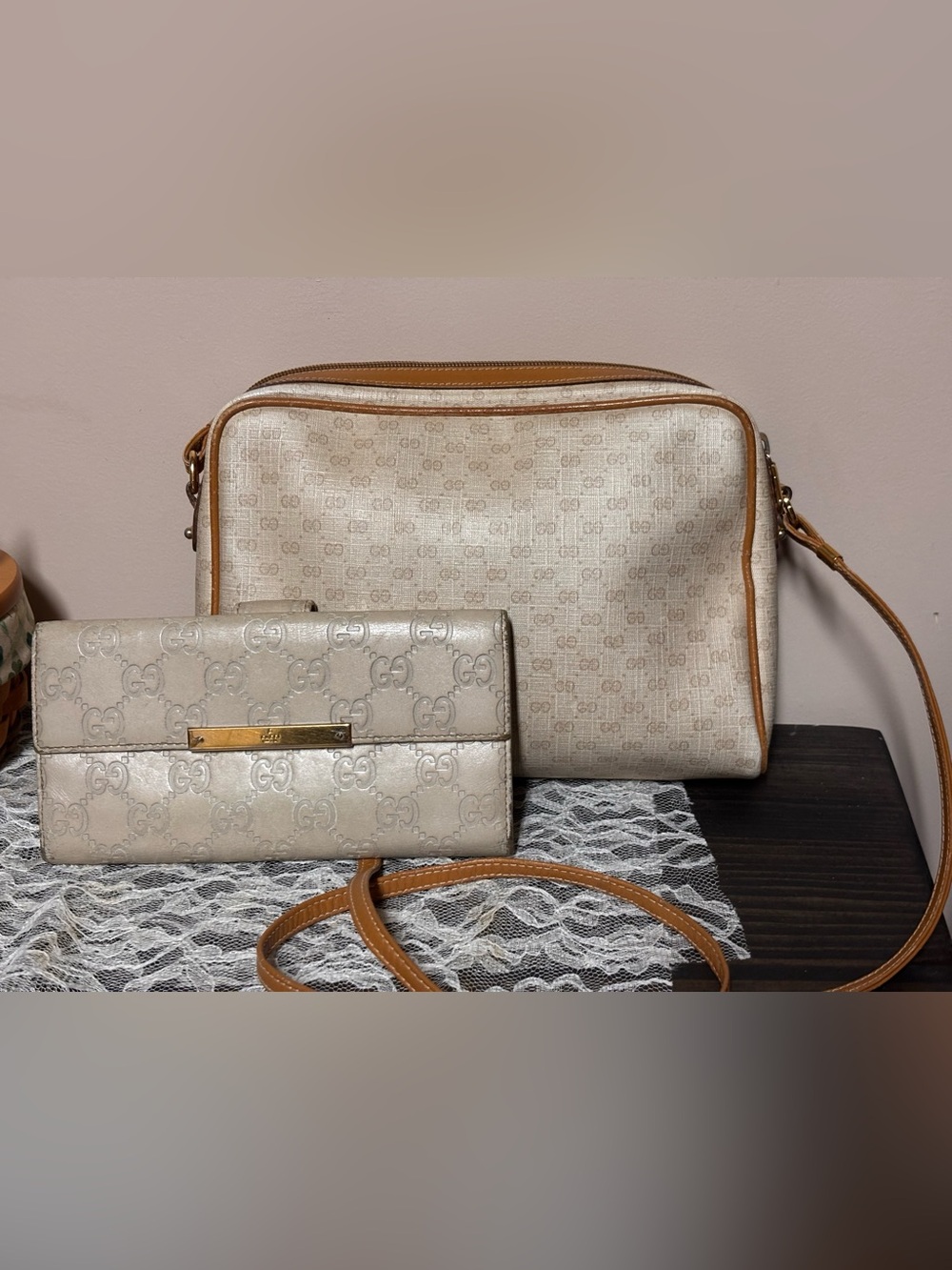 Gucci RARE Cream & Caramel micro monogram crossbody and long flap wallet